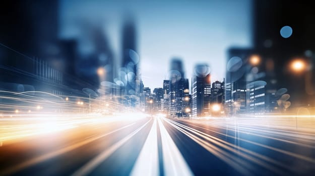 Majestic city skyline illuminated at dusk, showcasing modern buildings while light trails from fast-moving vehicles create a dynamic atmosphere on the busy highway - Generative AI
