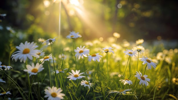 A vibrant field of daisies blooms under the soft glow of morning sunlight, evoking a peaceful ambiance in the natural world - Generative AI