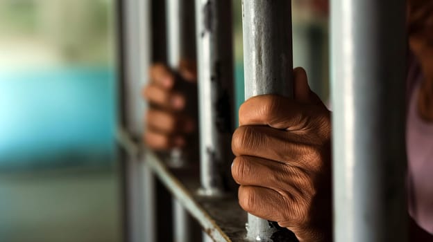 A person grips the bars of a prison cell with a tense expression, evoking feelings of confinement and longing for freedom during daylight - Generative AI