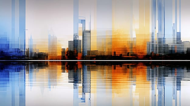 Vibrant hues of orange and blue blend seamlessly in an urban skyline reflection at sunset, creating an abstract visual on the water's surface - abstract oil painting - Generative AI