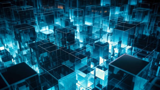 Translucent cubes fill the space, glowing in varying shades of blue. Their geometric arrangement creates a captivating visual effect, evoking a sense of depth and modernity - Generative AI
