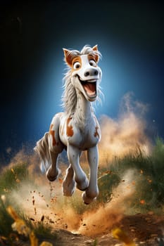 A joyful animated horse gallops through a lush green field, kicking up dust and leaves - Generative AI