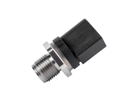 New rail fuel pressure sensor on white background close up