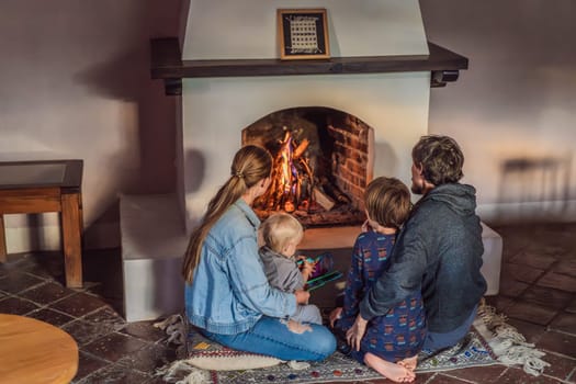 Family bonding by the fireplace during cozy winter evening. Warm and peaceful family moment indoors. Togetherness, love, and relaxation concept. A warm and inviting scene featuring a lit fireplace with glowing firewood and candles. A colorful traditional rug and pillow lie on the floor, creating a cozy atmosphere. Home, relaxation, and rustic comfort concept.