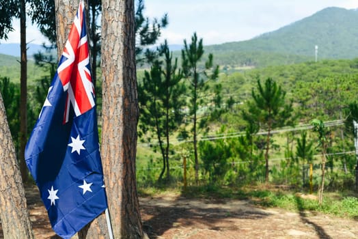 Australian flag against pine forest in Da Lat in vietnam
