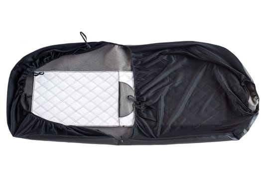 Black eco leather cover for car seat on isolated white background
