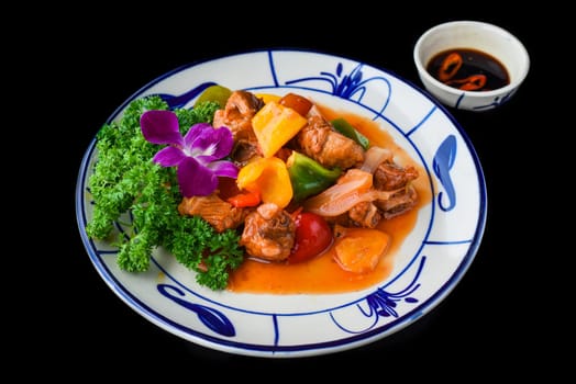 Satay fried beef with with pepper in vietnamese style for a menu