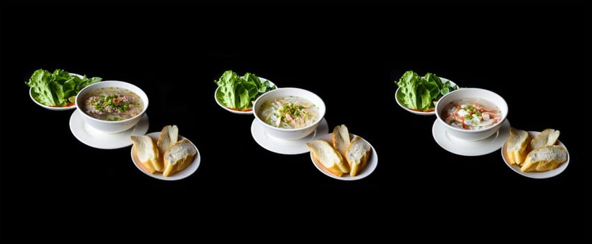 Set or collage of vietnamese traditional soups Pho with chicken, seafood and beef (pho ga, pho bo, pho hai san)
