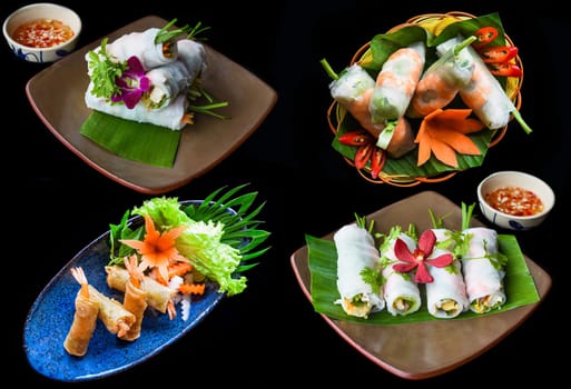 Set or collage of different types of vietnamese spring rolls on a black background