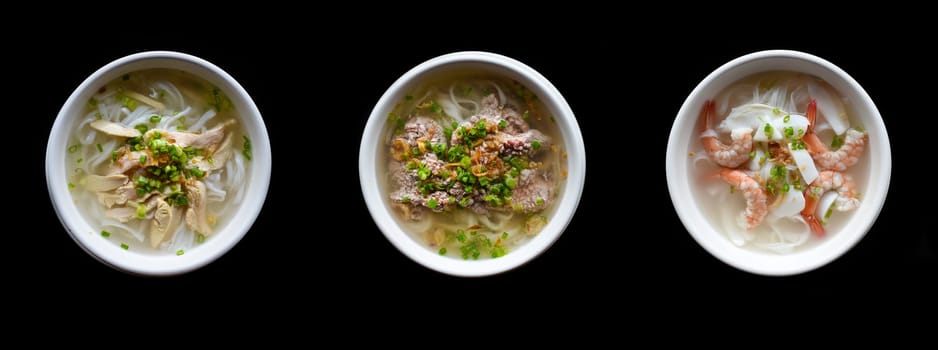 Set or collage of vietnamese traditional soups Pho with chicken, seafood and beef (pho ga, pho bo, pho hai san)