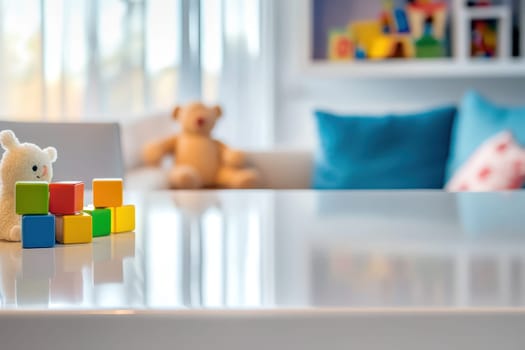 A teddy bear sits on a table with a stack of blocks. The blocks are in different colors and sizes, and the bear is white. The scene is simple and peaceful, with the teddy bear