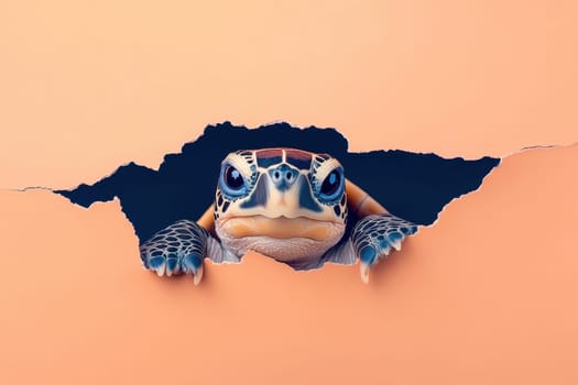 A turtle is peeking out from a hole in a wall. The turtle is looking at the camera with a curious expression. The image has a playful and curious mood