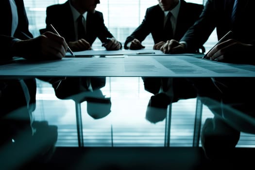 Three men in suits are sitting at a table writing on a piece of paper. Scene is serious and focused, as the men are likely discussing important business matters