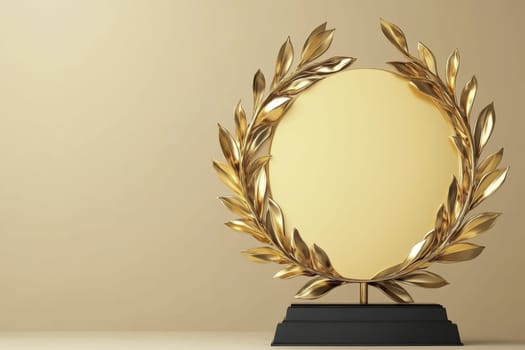 A gold wreath with a blank center sits on a black base. The wreath is surrounded by leaves and he is a trophy or award