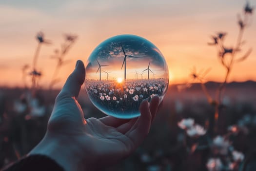 A hand holding a glass ball with a sun in the middle. The sun is surrounded by windmills. The scene is peaceful and serene
