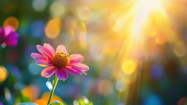 A single pink flower is in the foreground of a bright, sunny day. The flower is surrounded by a field of green grass and other flowers. The bright sunlight highlights the flower