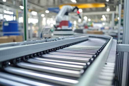 A conveyor belt with a robot on it. The robot is red and white