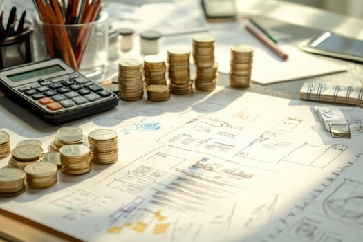 A pile of coins and a calculator sit on a table. The coins are arranged in a way that suggests a budget or financial plan. The calculator and coins together convey the idea of financial planning