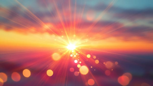 A bright sun is shining through the clouds, creating a warm and inviting atmosphere. The sky is a mix of pink and orange hues, giving the impression of a beautiful sunset