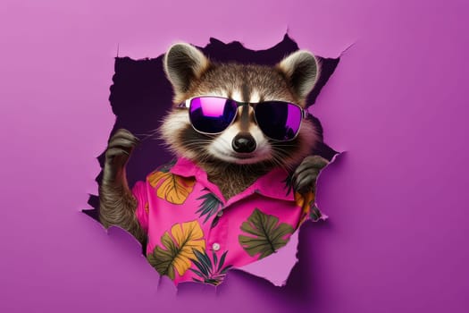 A raccoon wearing sunglasses and a pink shirt is standing in a hole. The image has a fun and playful mood, as the raccoon is dressed up in a Hawaiian shirt and sunglasses