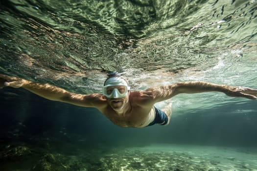 A man is swimming in the ocean wearing a mask. The water is clear and calm. The man is enjoying his time in the water