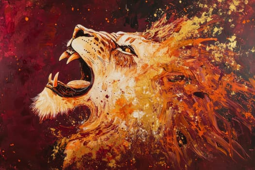 A painting of a lion with its mouth open and teeth bared. The lion is surrounded by a fiery orange background, giving the painting a sense of intensity and power. The painting captures the fierce