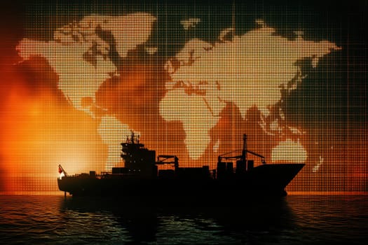 A large ship is sailing in the ocean with a computer generated map of the world behind it. The map is filled with glowing lines and shapes, giving the impression of a futuristic world