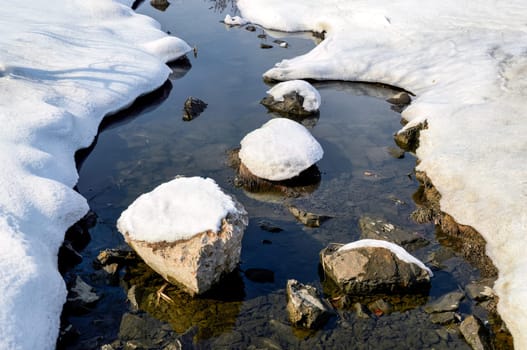 Melting water of frozen Japanese sea with ice. Springtime