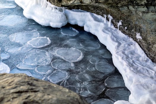 Melting water of frozen Japanese sea with ice. Springtime
