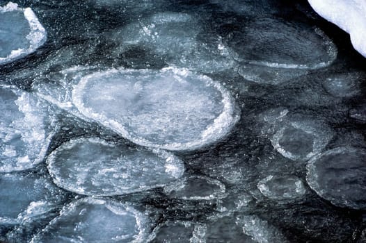 Melting water of frozen Japanese sea with ice. Springtime