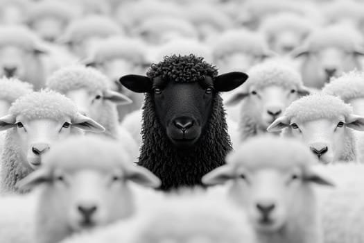 A black sheep surrounded by a flock of white sheep. High quality illustration