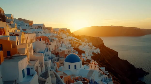 Santorini Sunset Breathtaking View of Iconic Blue Domes and Aegean Sea..