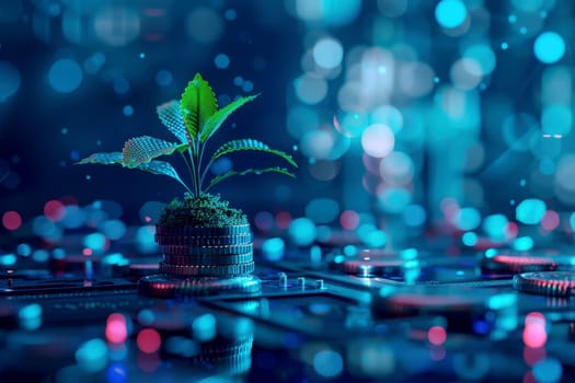 Coins stack growing up with the tree on top on digital futuristic background, a concept of financial and business growth..