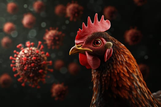 A chicken is standing in front of a red virus paritcle..