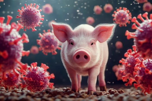 A pig is standing in front of virus particles..