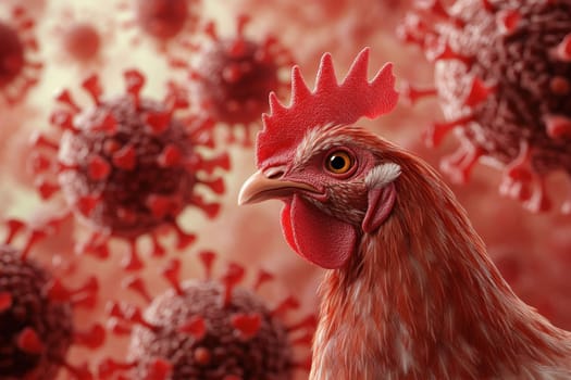 A chicken is standing in front of a red virus paritcle..