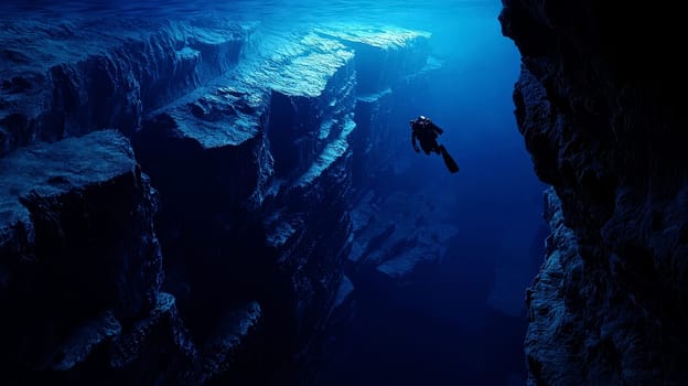 scuba diver at the edge of a drop-off, endless deep blue abyss, feeling of awe and solitude..
