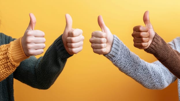 diverse group of people showing thumbs up signs with their hands against a isolated yellow background.. High quality illustration