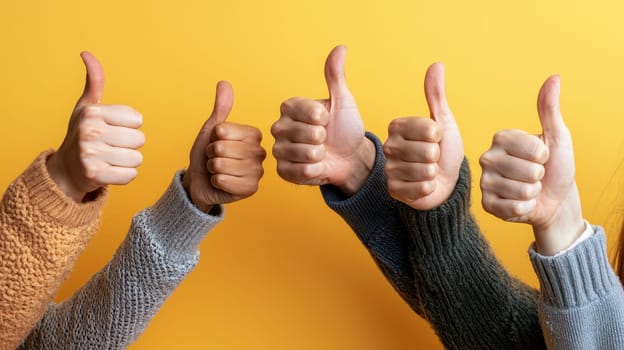diverse group of people showing thumbs up signs with their hands against a isolated yellow background...