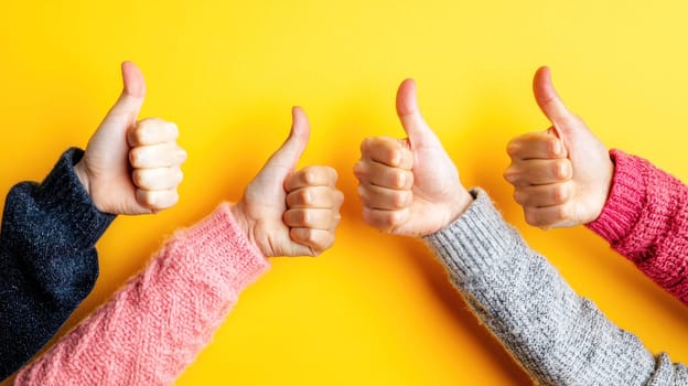 diverse group of people showing thumbs up signs with their hands against a isolated yellow background...