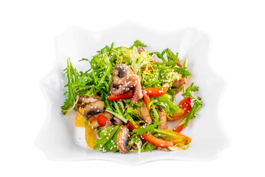 Fresh salad with seafood, baked potato and vegetables on white background