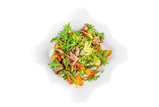 Fresh salad with seafood, baked potato and vegetables on white background