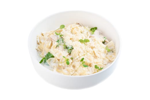Fettuccine Alfredo or fettuccine al burro on white background for menu top view