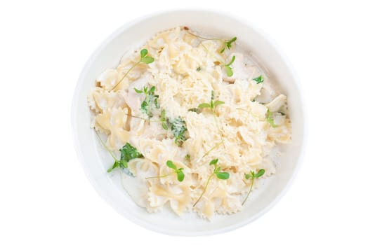 Fettuccine Alfredo or fettuccine al burro on white background for menu top view
