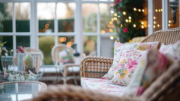 Colorful pillows on sofa against glass wall of window in a winter garden or conservatory. Interior textile concept. High quality photo