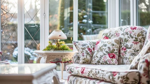 Colorful pillows on sofa against glass wall of window in a winter garden or conservatory. Interior textile concept. High quality photo