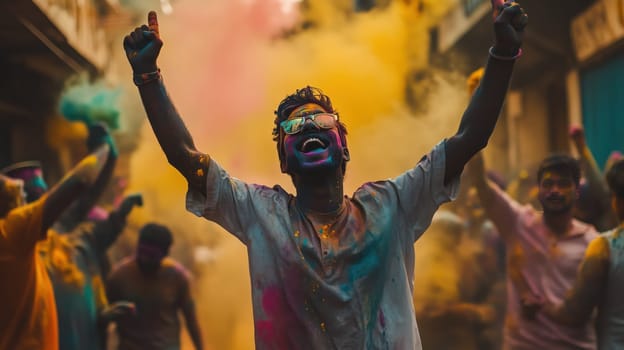 A joyful man covered in colorful powder celebrates the Holi festival, surrounded by a vibrant crowd in a festive street atmosphere