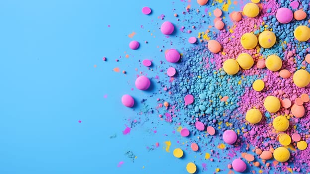 Colorful powder explosion with vibrant pink, yellow, and blue hues on a bright blue background, symbolizing festivity