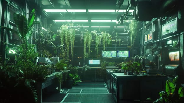 Futuristic greenhouse laboratory with neon lighting and lush vegetation, blending technology and nature in a sci fi setting