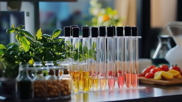 Test tubes with colored liquids and fresh leaves in a laboratory setting, symbolizing scientific food research
